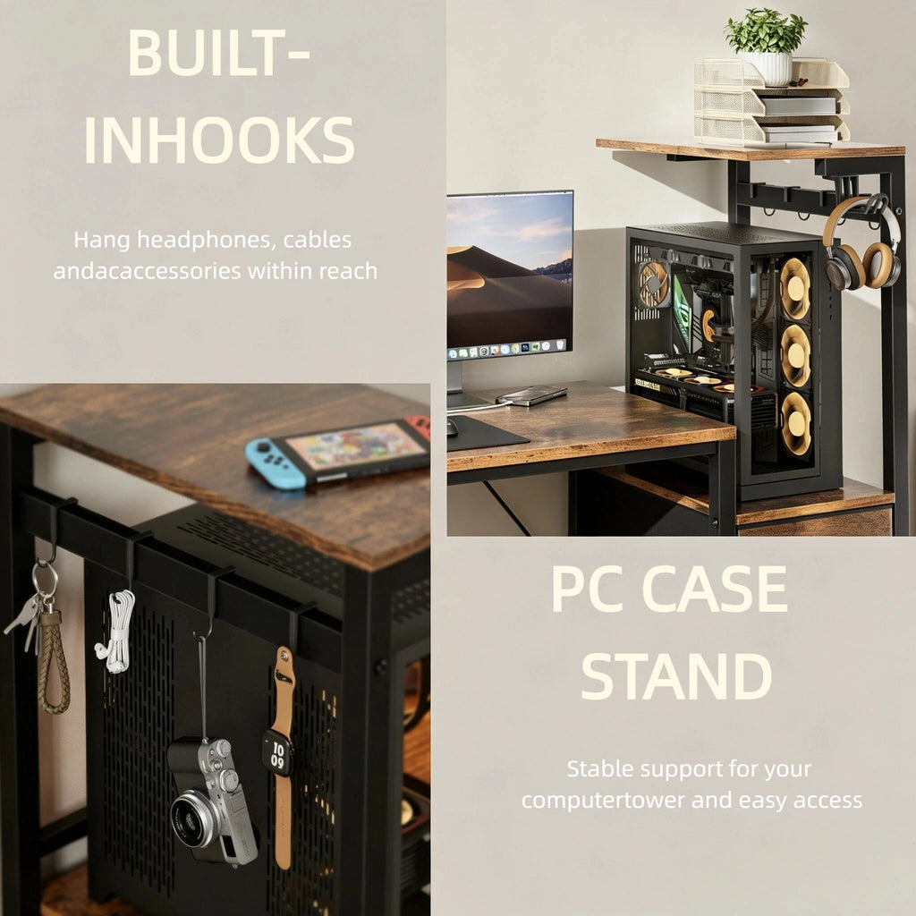 Gaming Desk with Power Strip & Drawers