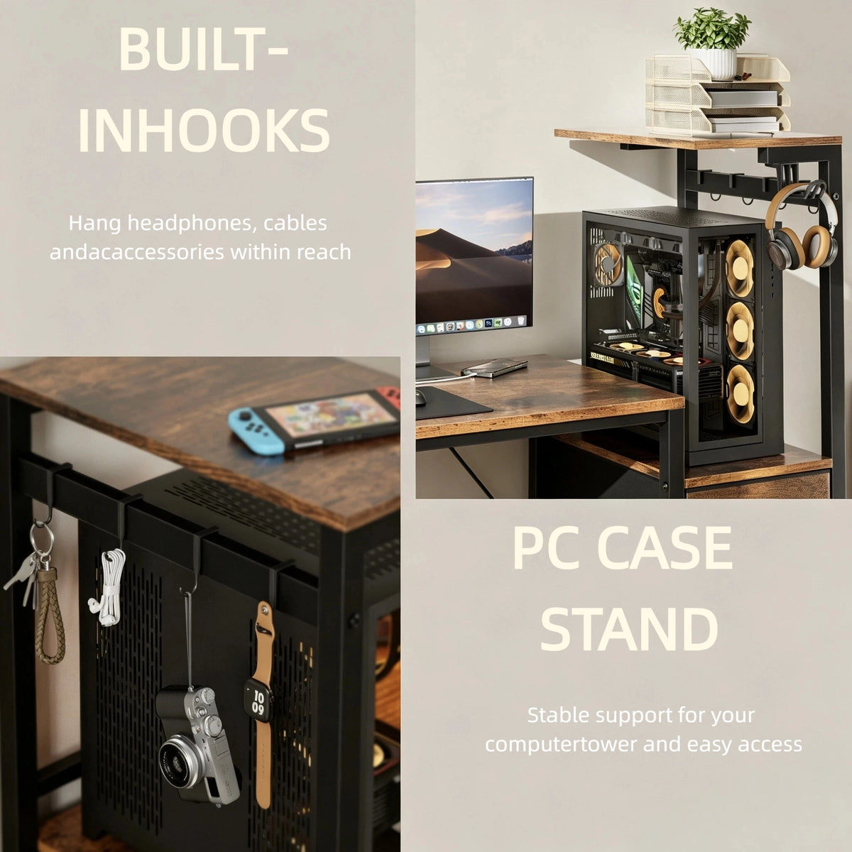 Gaming Desk with Power Strip & Drawers