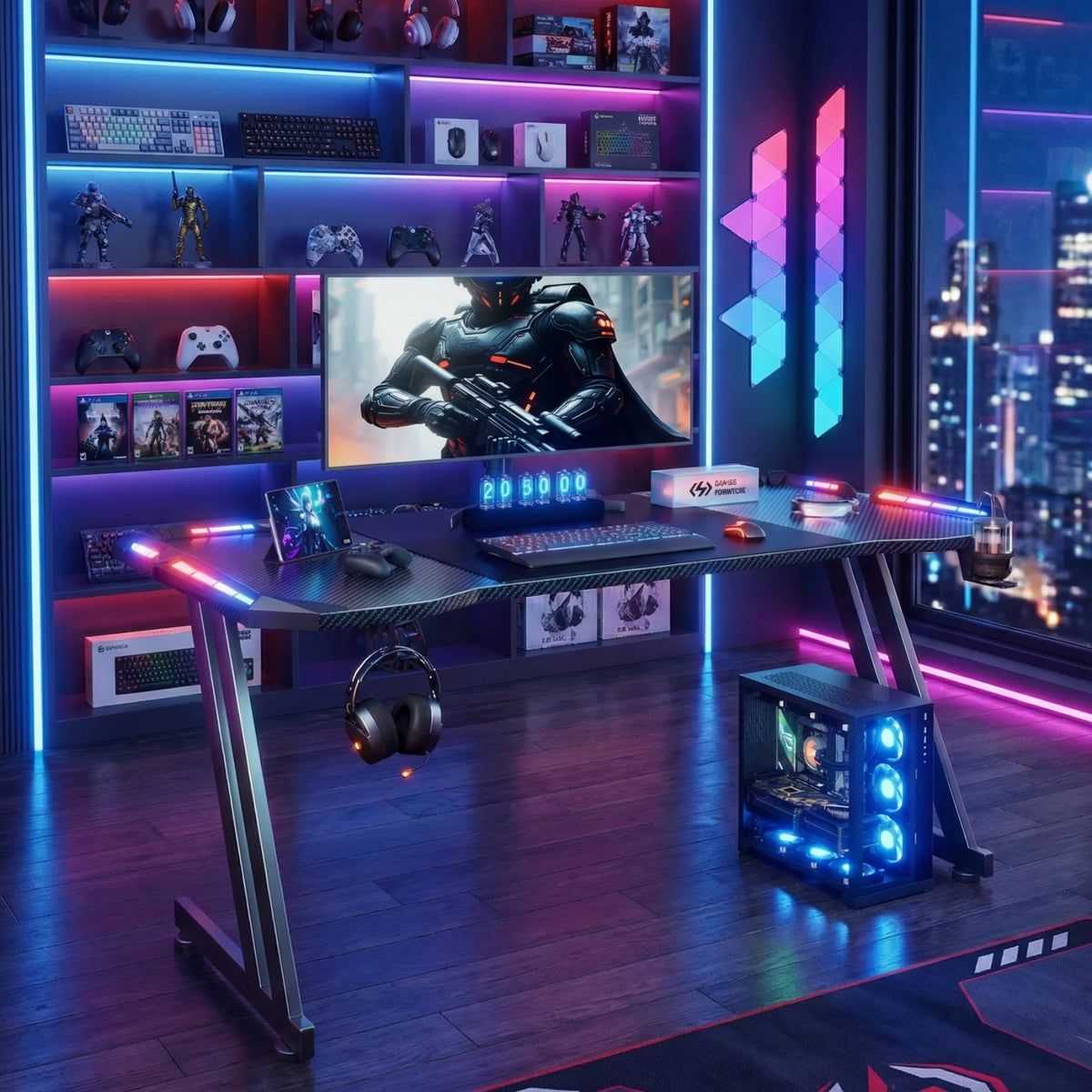 Z-Shaped LED Gaming Desk