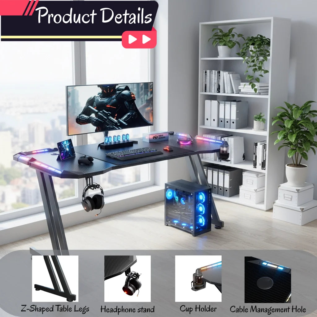 Z-Shaped LED Gaming Desk