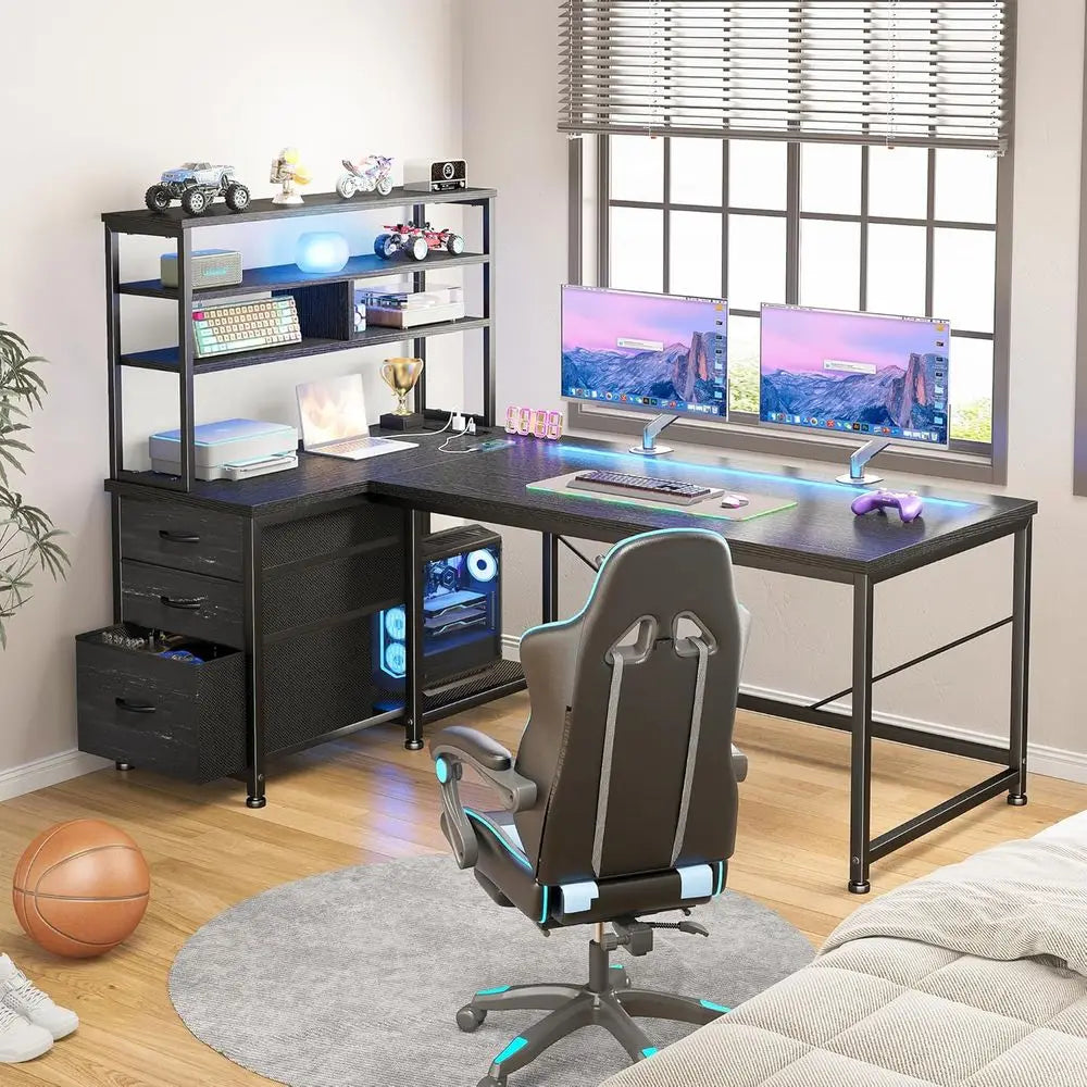 L-Shaped Gaming Desk with Drawers