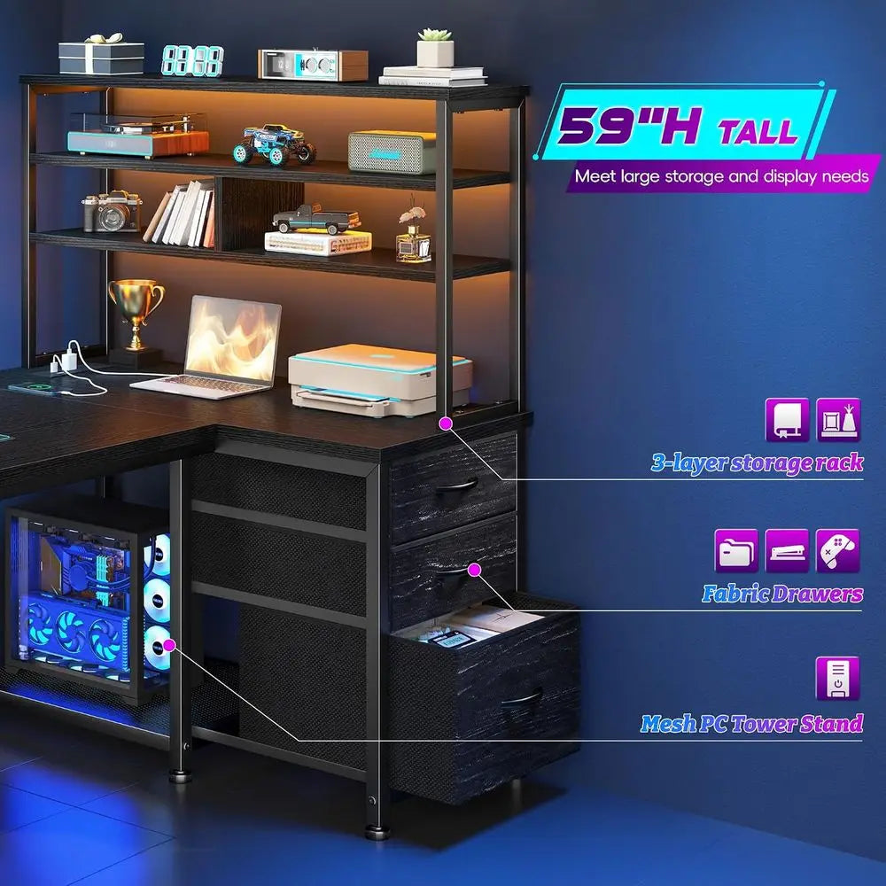 L-Shaped Gaming Desk with Drawers