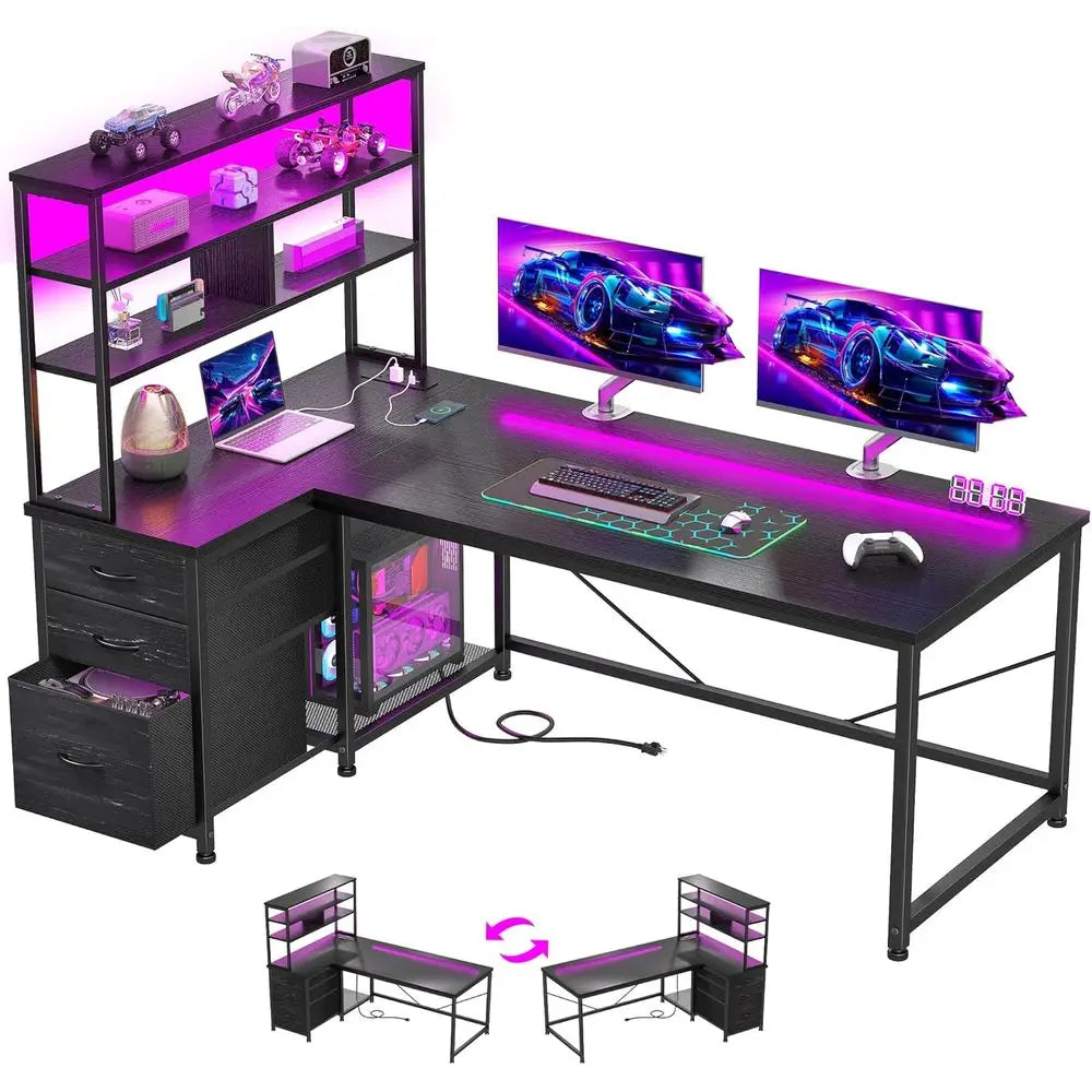 L-Shaped Gaming Desk with Drawers