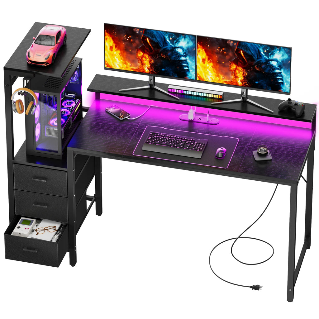 Gaming Desk with Power Strip & Drawers